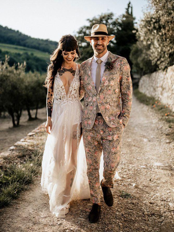 Edgy Boho Beaded Lace Spaghetti Strap Deep Plunge High Slit Open Back Sheer Tulle Wedding Dress