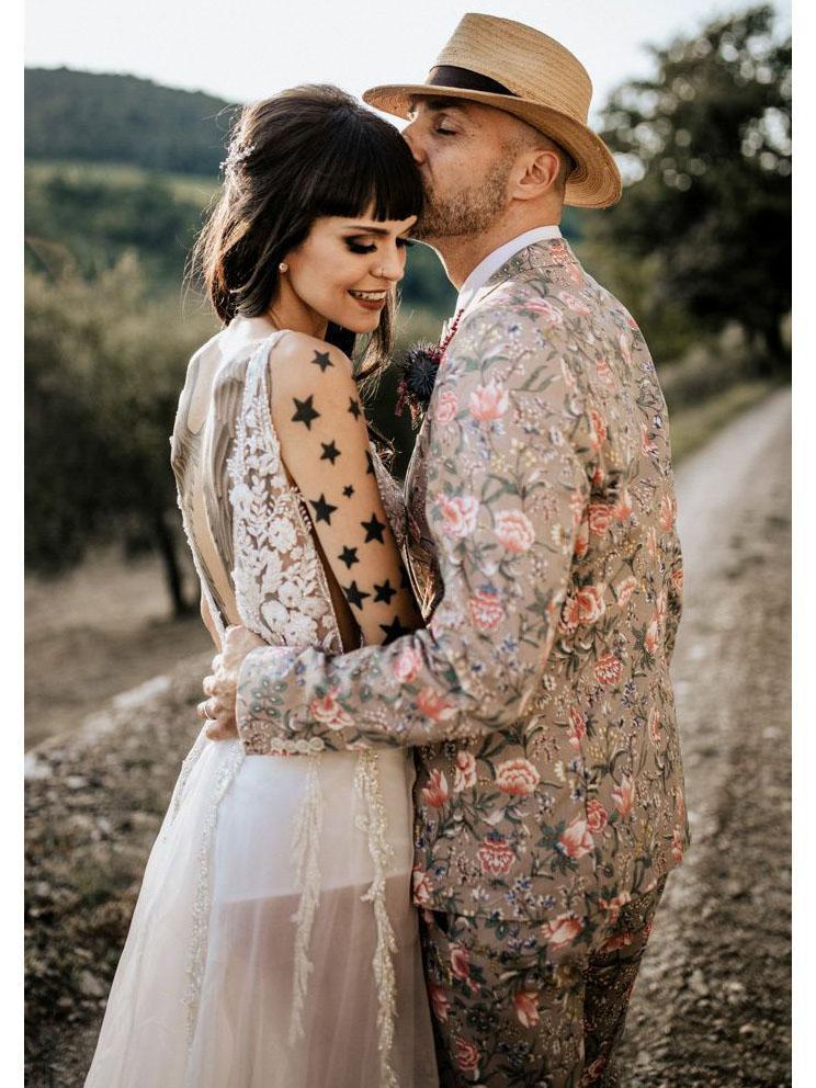 Edgy Boho Beaded Lace Spaghetti Strap Deep Plunge High Slit Open Back Sheer Tulle Wedding Dress