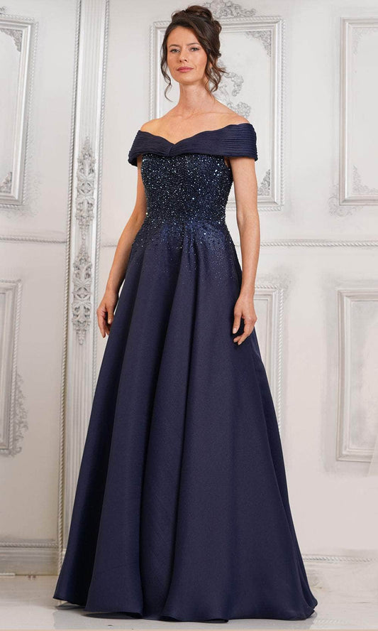Elegant A-line off-shoulder beaded mother of the bride dress, full view.