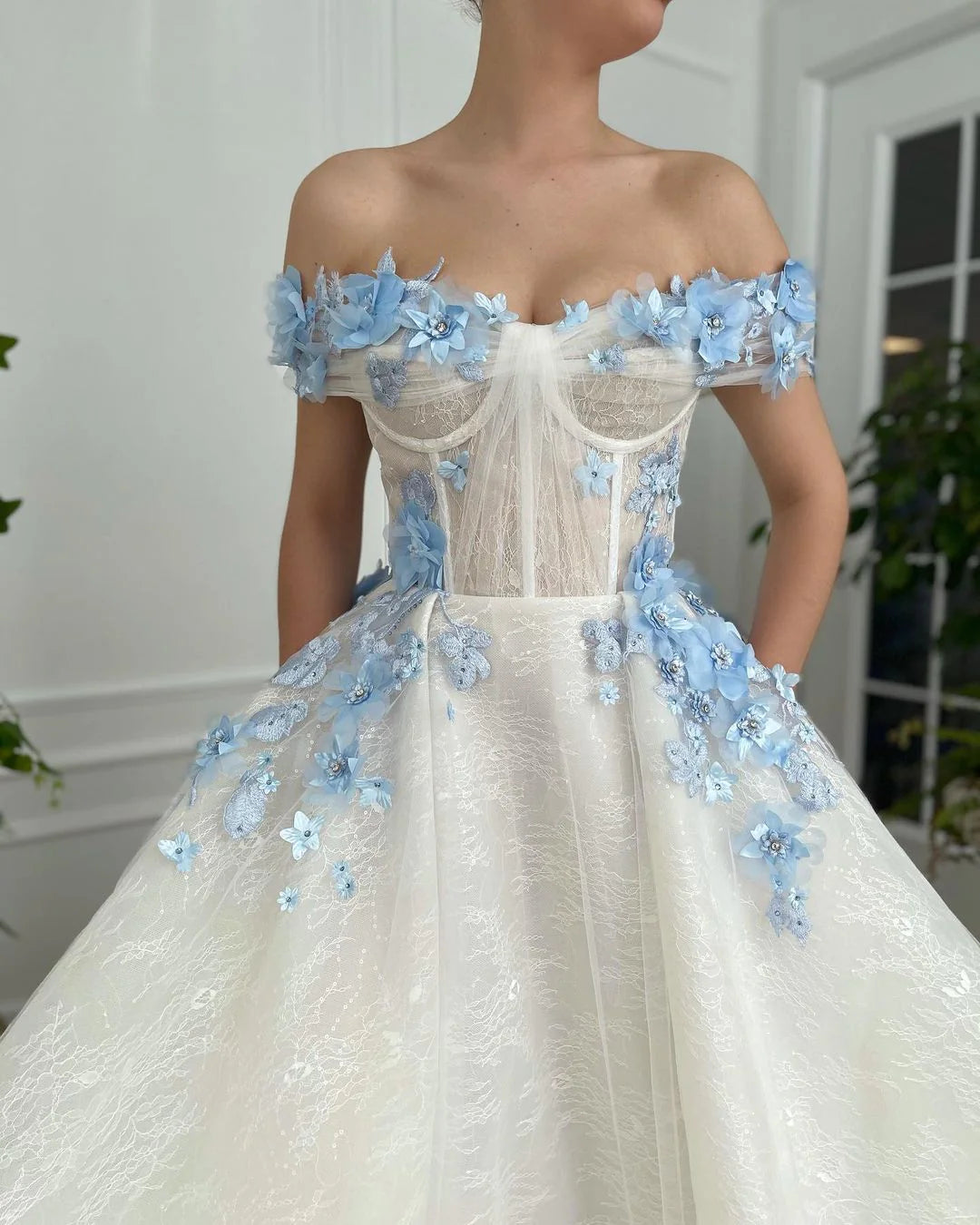 Elegant A Line Off The Shoulder Long Prom Dresses With Blue 3D Flower, Floor Length Evening Dresses