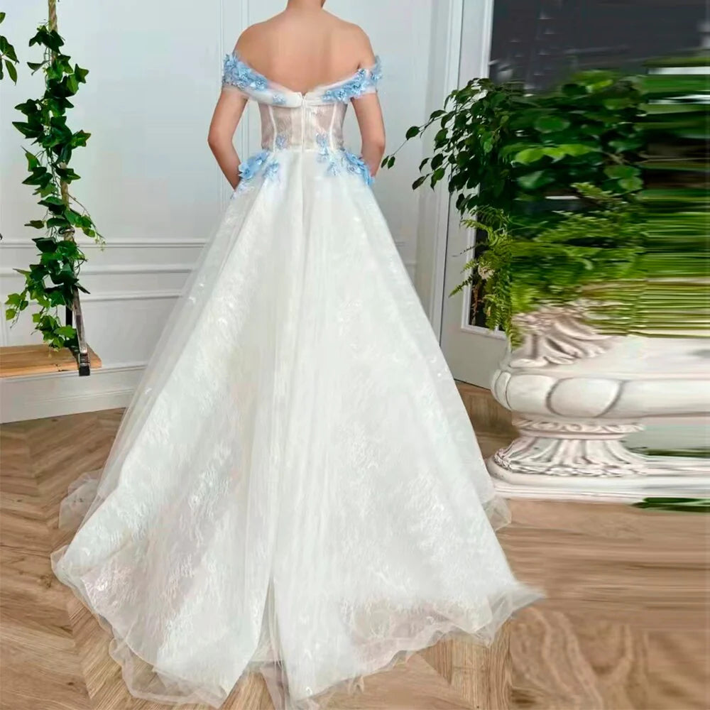 Elegant A Line Off The Shoulder Long Prom Dresses With Blue 3D Flower, Floor Length Evening Dresses