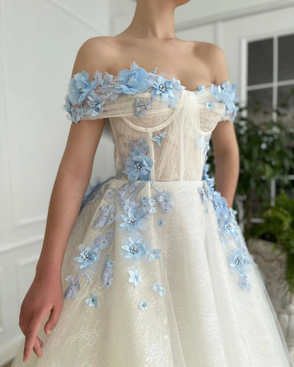 Elegant A Line Off The Shoulder Long Prom Dresses With Blue 3D Flower, Floor Length Evening Dresses