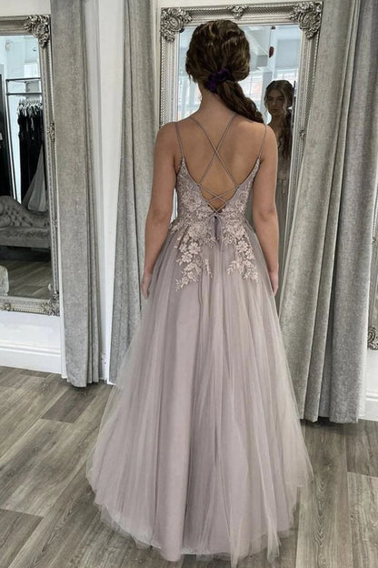 Elegant Backless Gray Lace Long Prom Dress with Thin Straps Open Back Gray Formal Dress Gray Lace Evening Dress