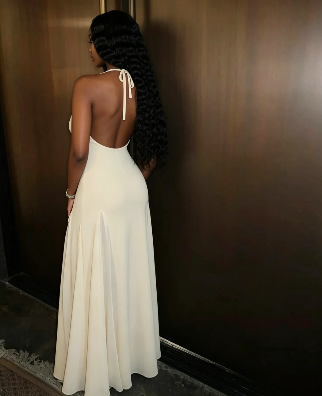 Full-length view of an elegant A-line chiffon prom dress.