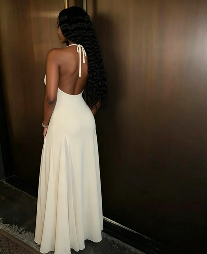 Full-length view of an elegant A-line chiffon prom dress.