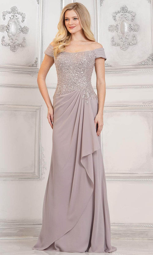 Elegant off-shoulder beaded chiffon mermaid dress, full length front view.