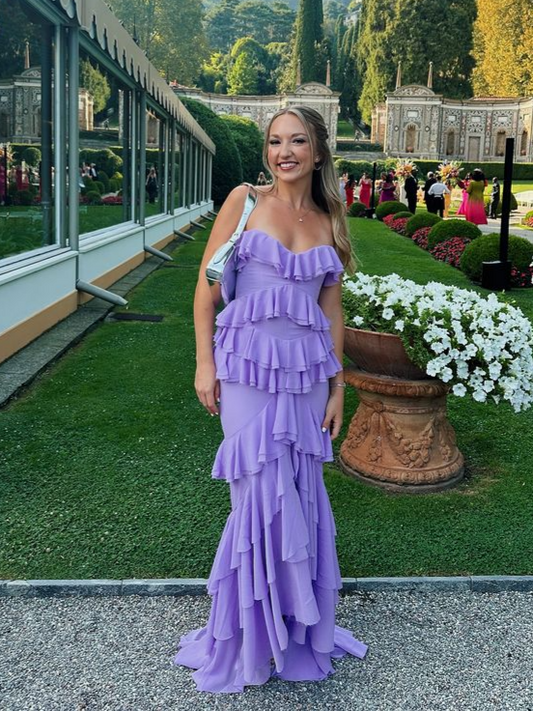 Elegant lavender chiffon mermaid prom dress with strapless sweetheart neckline and ruffled skirt.