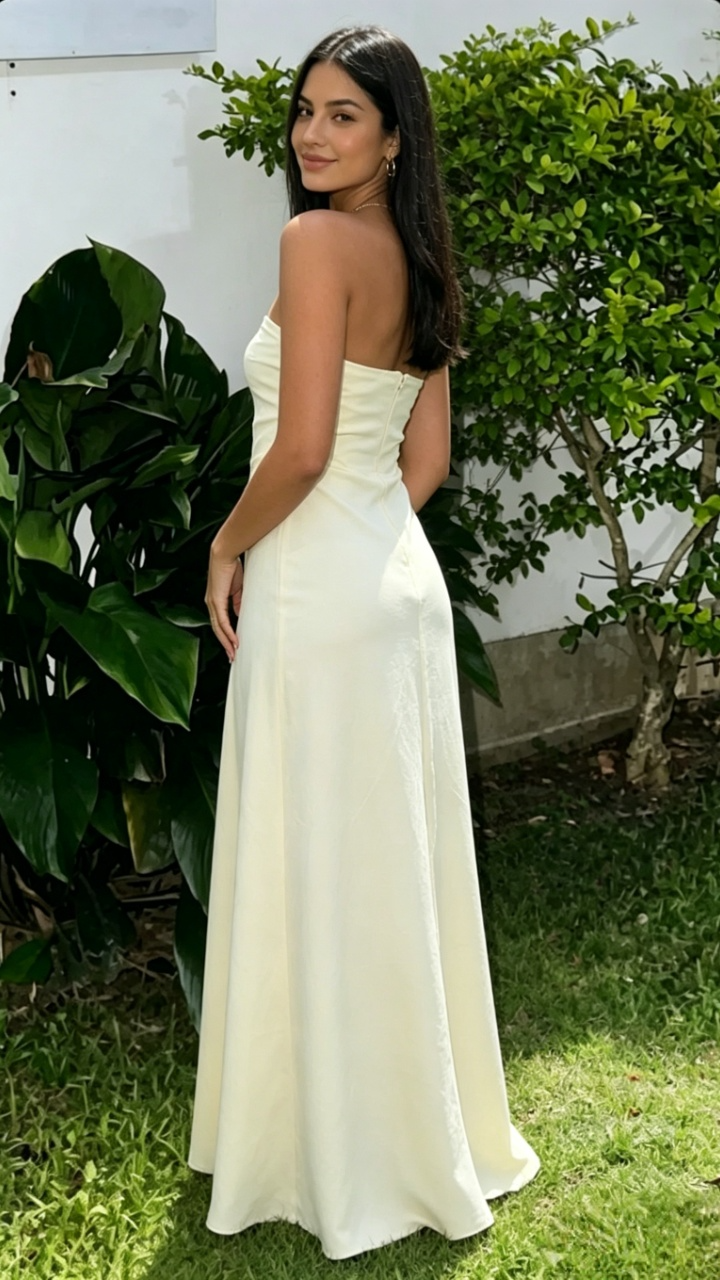 Full view of a floor-length A-line crepe gown, featuring a strapless sweetheart neck.