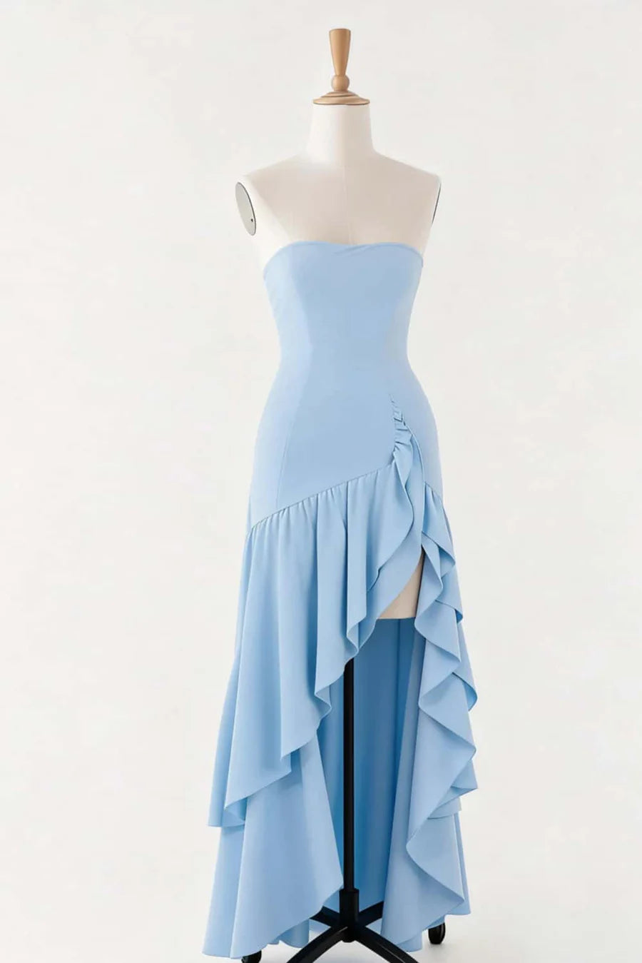 Back view of the strapless crepe asymmetrical floor length prom dress.