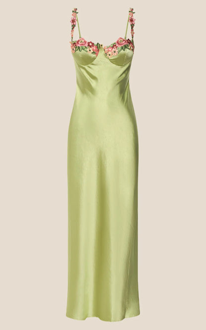 Model in motion wearing the elegant satin midi evening dress.