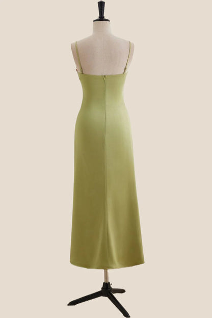 Back view of the floral embroidered satin midi dress with spaghetti straps.