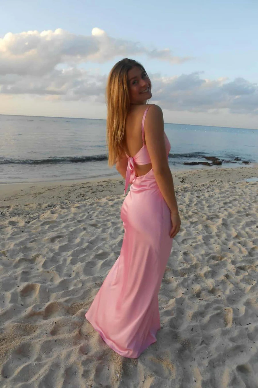 Elegant Flowy Satin A-Line Keyhole V-Neck Tie-Back Floor-Length Evening Dress.