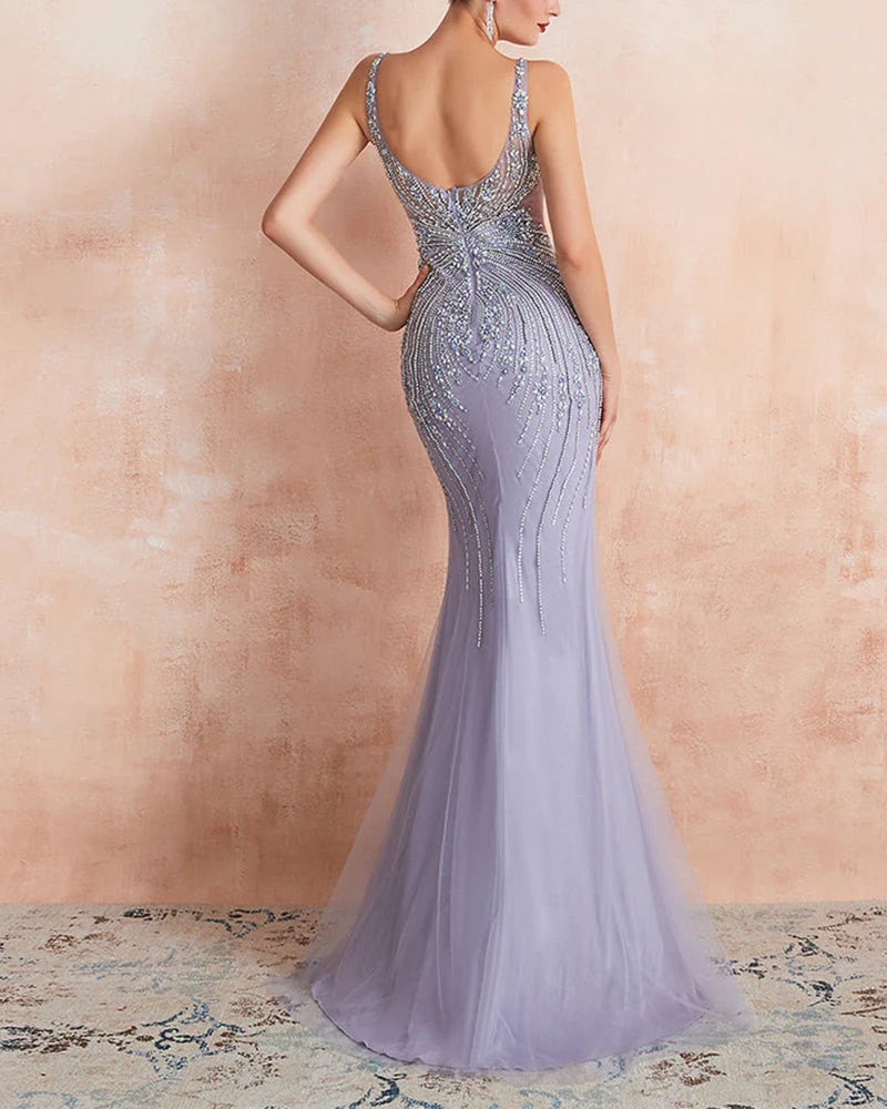 Elegant Lavender Mermaid Scoop Floor-Length Tulle Zipper Back Prom Dresses With Beaded