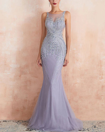 Elegant Lavender Mermaid Scoop Floor-Length Tulle Zipper Back Prom Dresses With Beaded