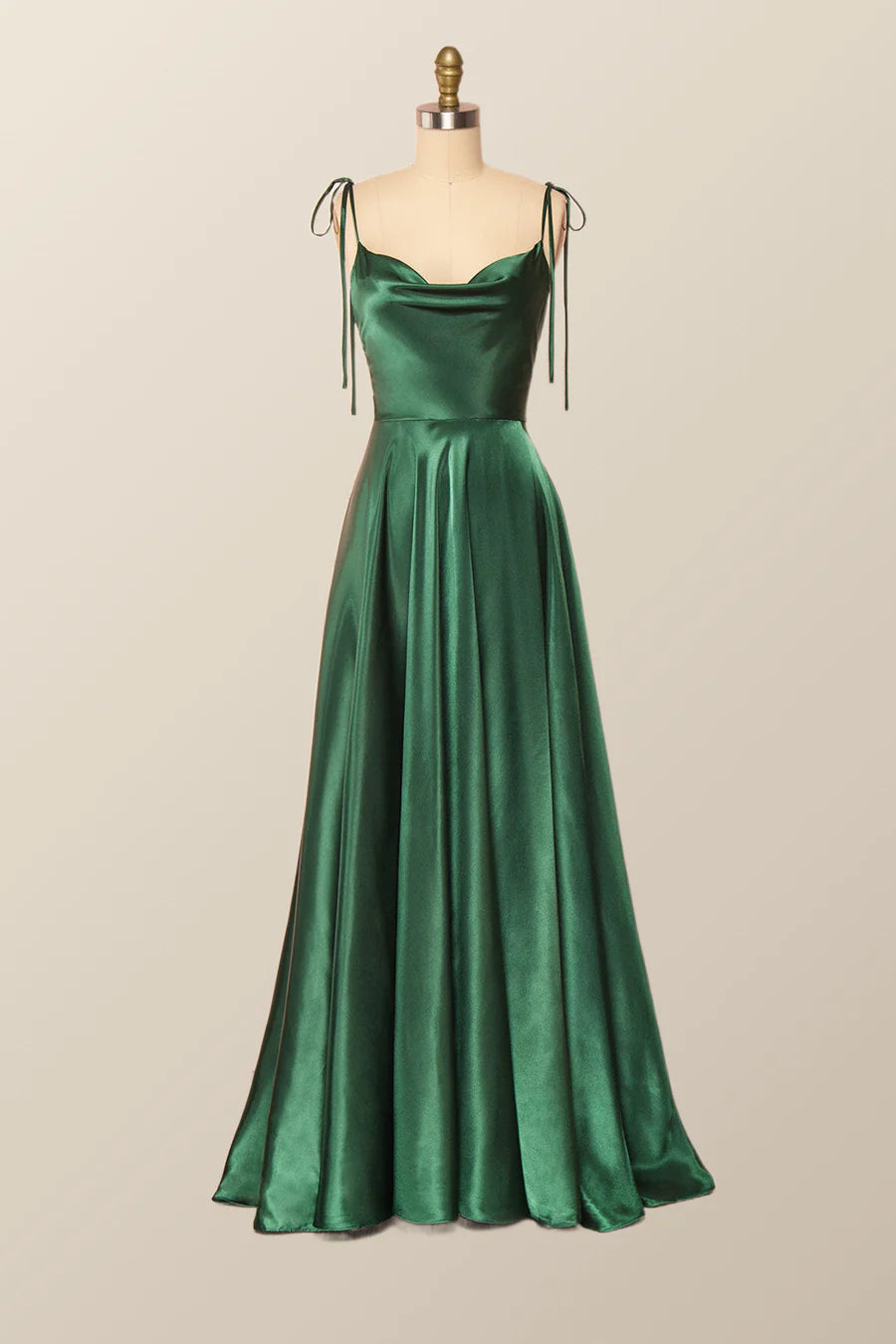 Front view of an elegant satin A-line cowl neck evening gown with tie straps.