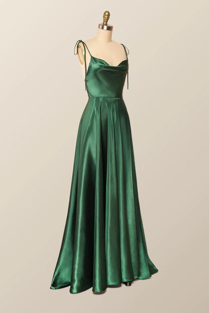 Back view of an elegant satin A-line evening gown with V-back and subtle train.