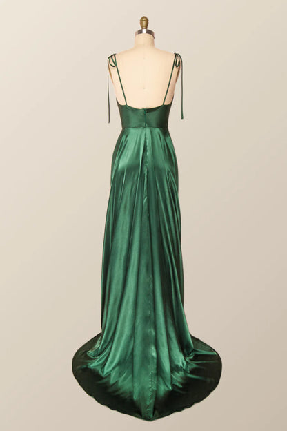 Close-up of the cowl neck and tie straps on an elegant satin evening gown.