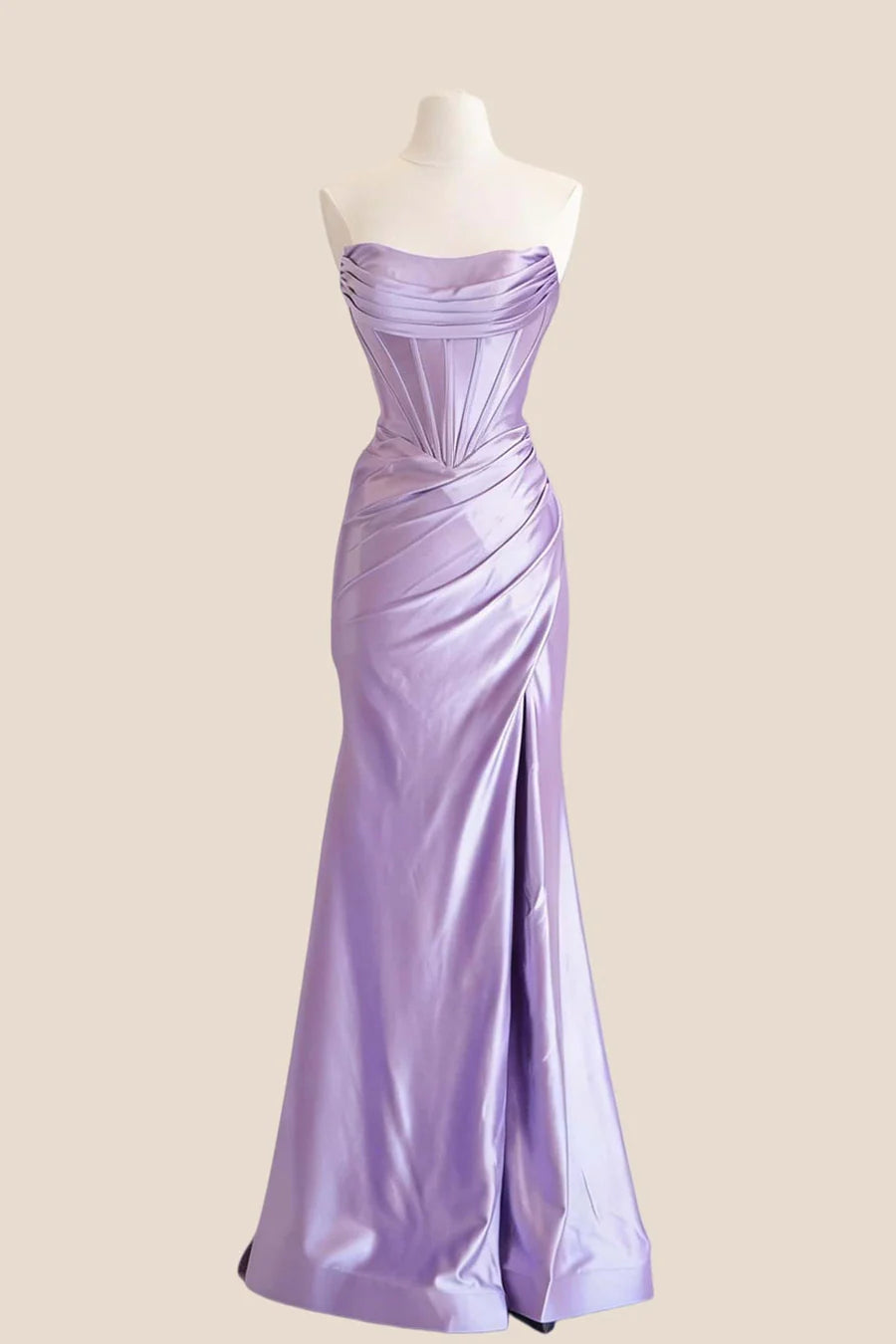 Elegant Lustrous Satin Mermaid Strapless Corset Lace-Up Floor-Length Evening Gown, front view.