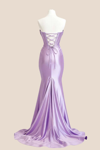 Elegant Lustrous Satin Mermaid Strapless Corset Lace-Up Floor-Length Evening Gown, back view with lace-up detail.
