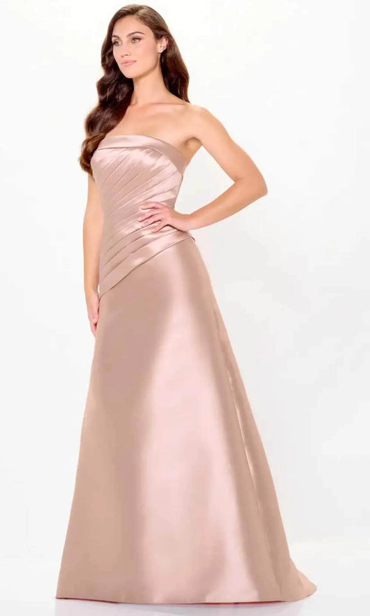 Elegant ruched satin A-line strapless floor length mother of the bride gown.