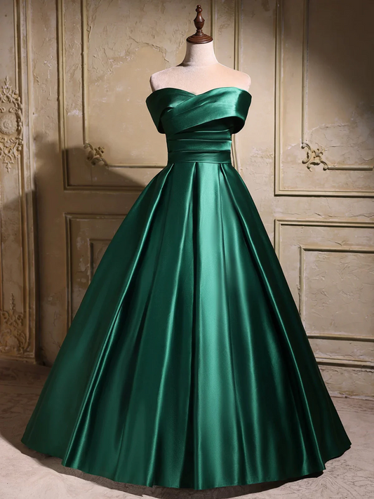 Elegant satin ball gown prom dress with off-the-shoulder neckline.