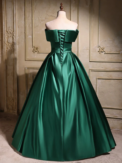 Front view of voluminous floor-length satin prom dress.