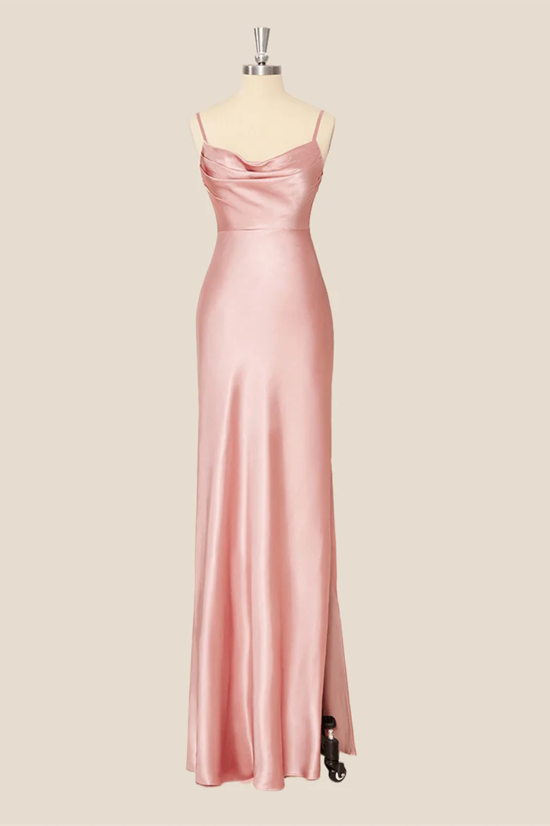Elegant satin mermaid evening dress, front view.