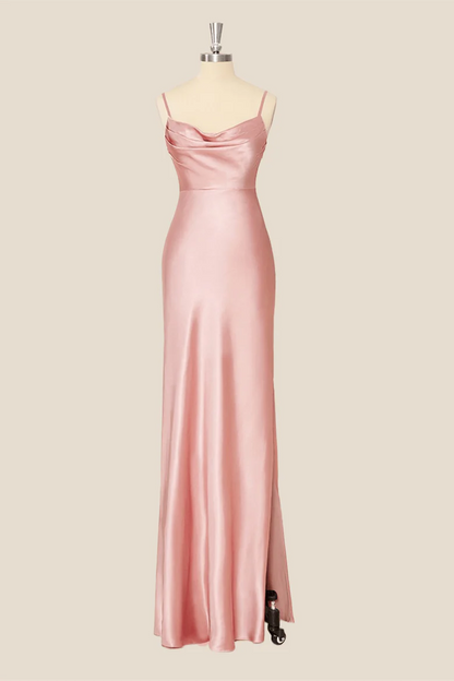 Elegant satin mermaid evening dress, front view.
