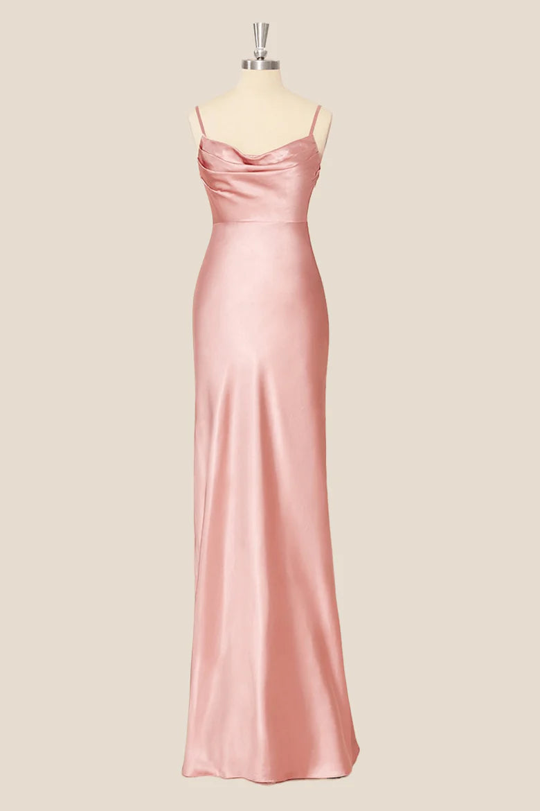 Elegant satin mermaid evening dress with high slit, front view.