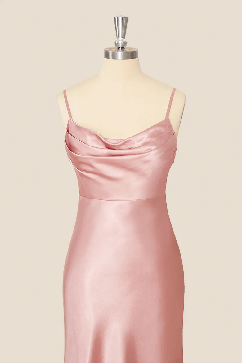 Elegant satin mermaid evening dress, V-back view.