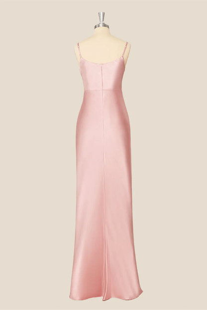Close-up of cowl neck and satin fabric on evening dress.