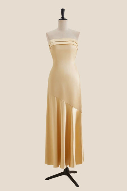 Elegant strapless satin mermaid evening dress, front view.