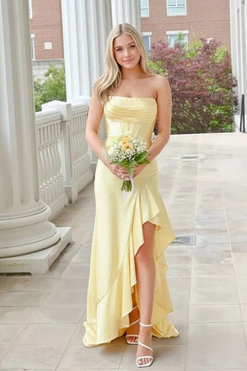 Elegant satin mermaid prom dress with strapless corset and ruched bodice, front view.