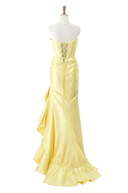 Side view of elegant satin prom dress with a high ruffle slit and mermaid silhouette.