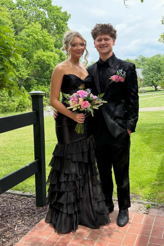Elegant satin mermaid prom dress with strapless bow and high slit.