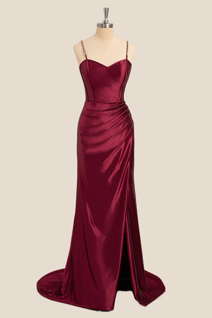 Elegant satin mermaid evening dress with sweetheart neckline and rhinestone straps.