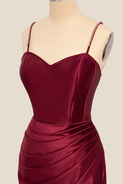Side view of the elegant satin mermaid dress with flowing silhouette.