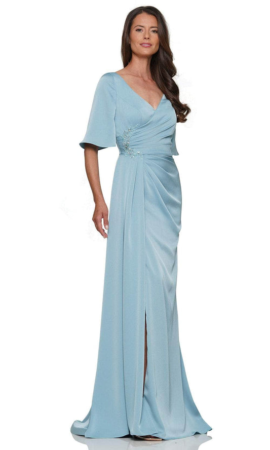 Elegant satin mermaid gown with V-neck, flutter sleeves, ruched waist, and high slit.