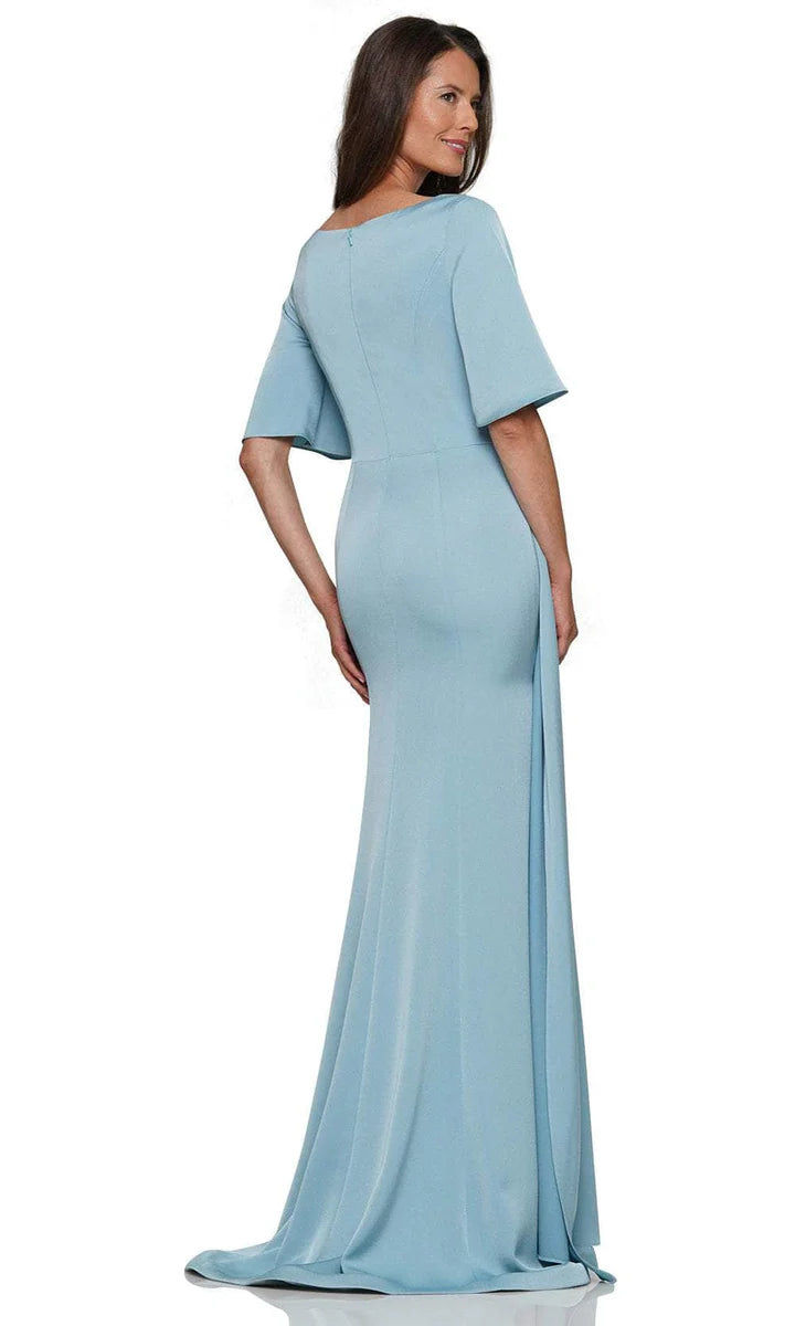 Elegant satin mermaid gown with V-neck, flutter sleeves, ruched waist, and high slit.