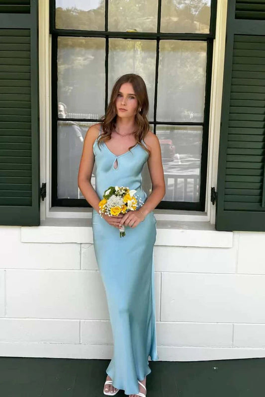 Elegant satin mermaid prom dress with V-neck and keyhole detail.