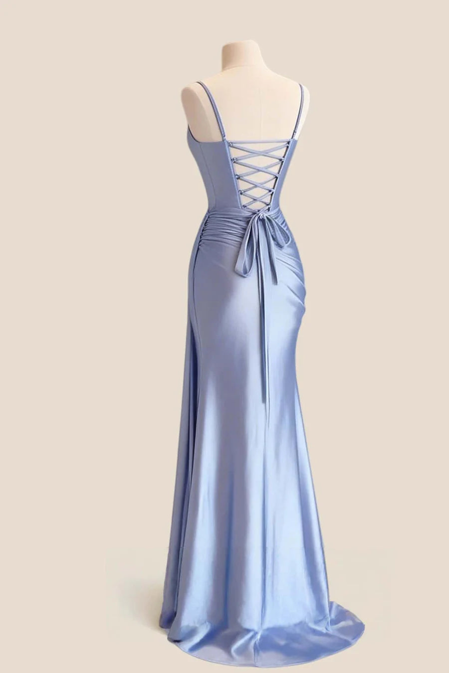 Full view of satin mermaid V-neck evening dress with lace-up back.