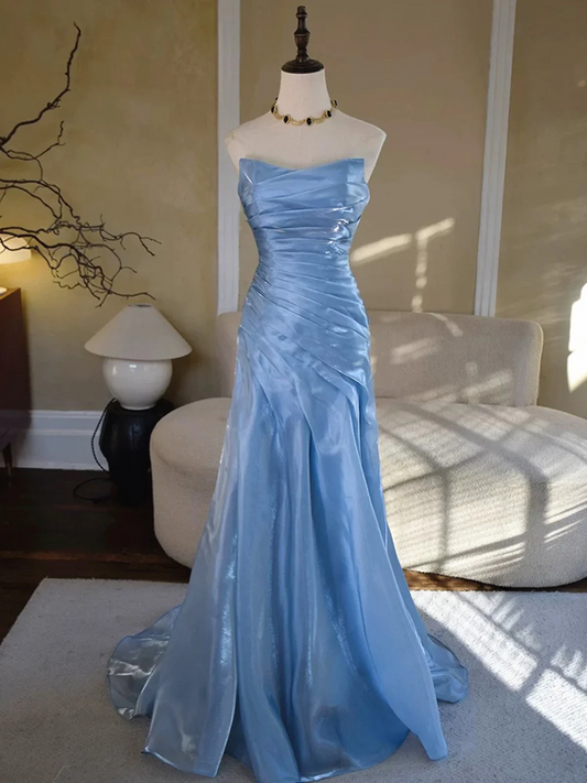 Elegant shimmer organza mermaid prom dress, full view.