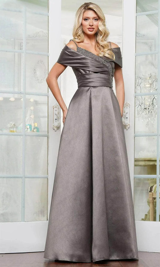 Elegant structured satin A-line gown with off-shoulder neckline and beaded details.