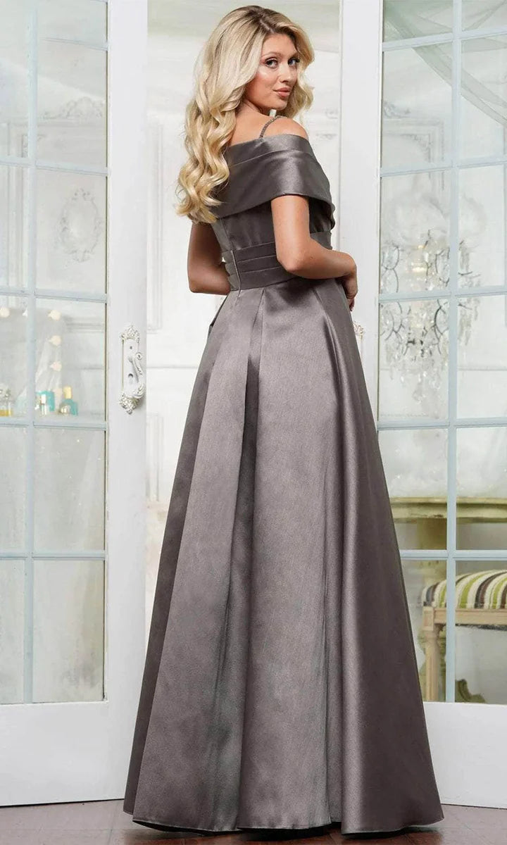 Close-up of structured satin A-line gown, showing off-shoulder neckline, beaded strap, and ruched bodice.