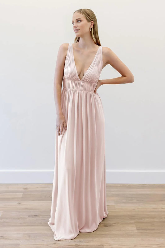 Elegant A-Line Blush Pink Deep V-Neck Sleeveless Ruched Open Back Chiffon Floor-Length Evening Dress