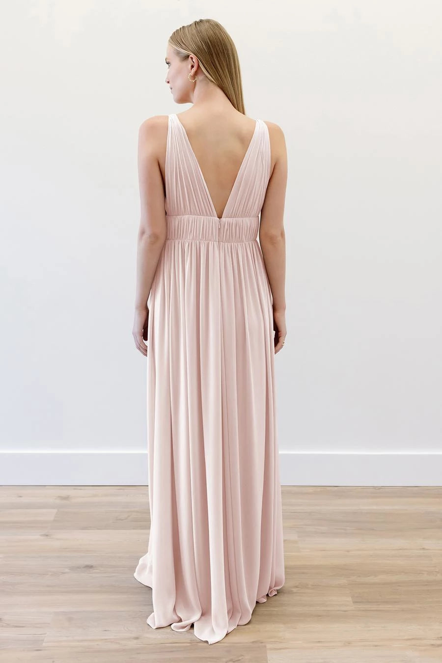 Elegant A-Line Blush Pink Deep V-Neck Sleeveless Ruched Open Back Chiffon Floor-Length Evening Dress