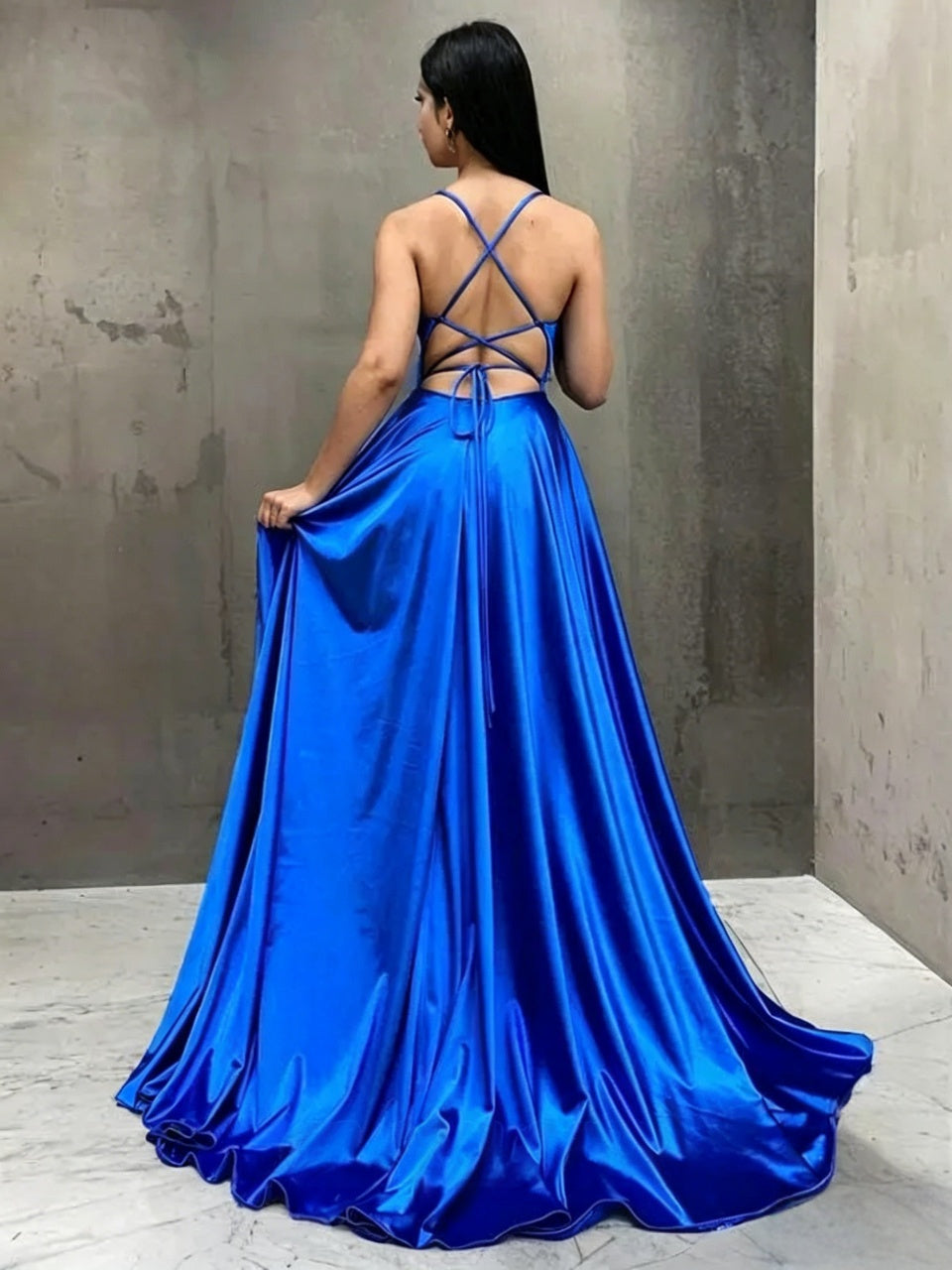 Elegant Satin A-Line Cowl-Neck Crisscross-Back High-Slit Floor-Length Evening Dress