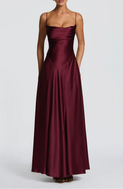Elegant Satin A-Line Cowl Neck Pink Prom Dress with Lace-Up Back