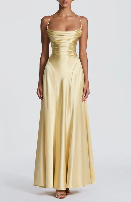 Elegant A-Line Cowl Neck Spaghetti Straps Crisscross Lace-Up Back Floor Length Prom Dress