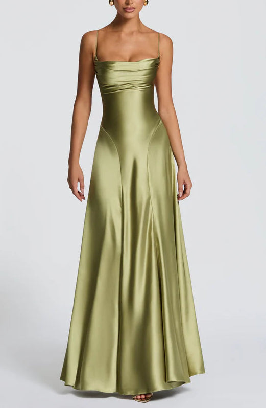 Elegant Satin A-Line Cowl Neck Pink Prom Dress with Lace-Up Back